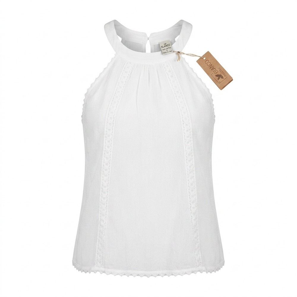 Blanco Womens White Cotton Halter Neck Lace Trim Sleeveless Blouse Top Small NWT
